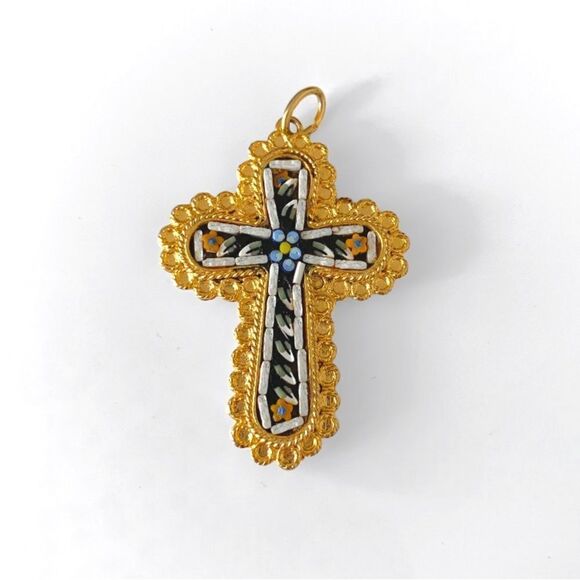 Micro Mosaic Gold Cross Pendant - Picture 3 of 4